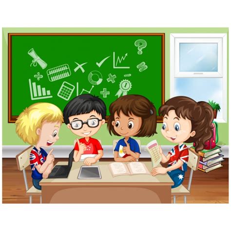 Niños felices estudiando junto con su maestra. Niños estudiando en el colegio | Vector Premium