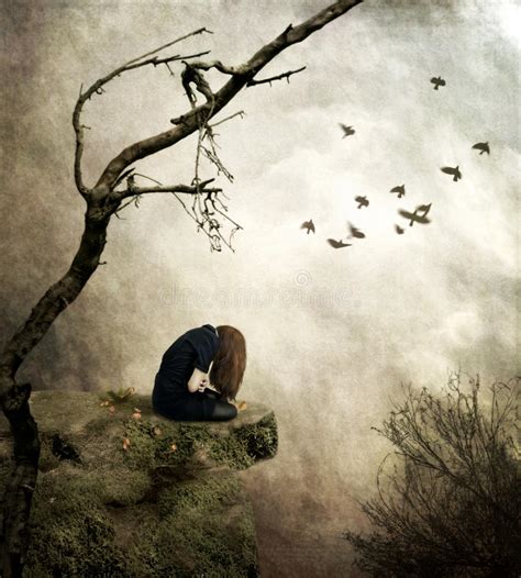 Lonely Girl Sitting On A Rock In Sorrow Stock Illustration