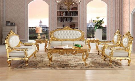 Royal Antique Gold Gliding Carved Leather Sofa Set Living Room