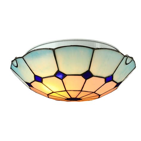 Tiffany Nautical Round Flush Mount Ceiling Light Blue Stained Glass