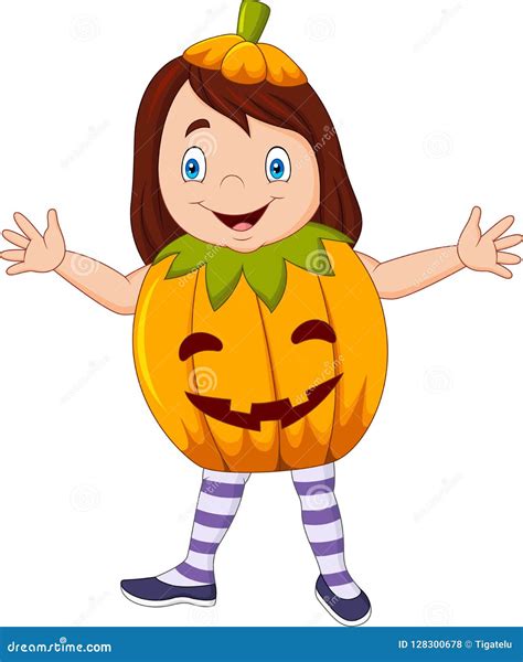 Cartoon Kid With Halloween Pumpkin Costume Stock Vector Illustration