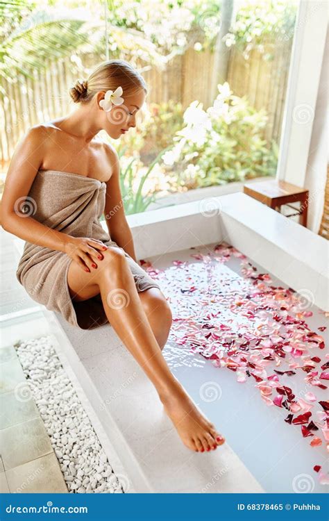 Woman Spa Body Care Treatment Flower Rose Bath Beauty Skincare Stock