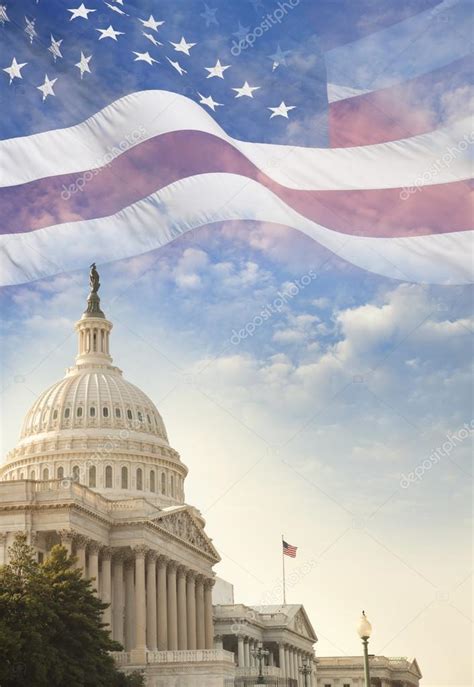 Lots of government buildings were stormed. United States Capitol building with American flag superimposed o — Stock Photo © Willard #76568925