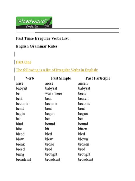 Past Tense Irregular Verbs List Pdf Linguistic Morphology Style