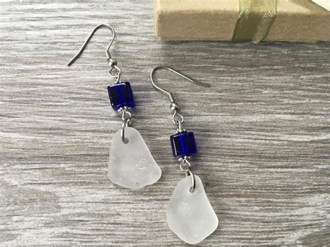 Natural Sea Glass Earrings Cobalt Blue Earrings English Beach Glass Jewelry Long Dangle