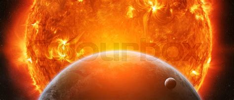 Exploding Sun In Space Close To Planet Earth And Moon Stock Image