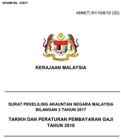 Tarikh pembayaran gaji 2020 ini adalah berdasarkan surat pekeliling akauntan negara malaysia bilangan 7 tahun 2019 yang bertajuk tarikh dan peraturan pembayaran gaji 2020 melalui jabatan akauntan negara malaysia untuk semua penjawat awam. Jadual Gaji 2018 Penjawat Awam ANM