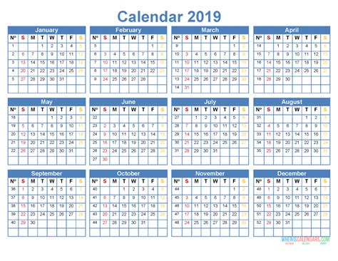 Printable 2019 Yearly Calendar Template Word Excel Pdf Image