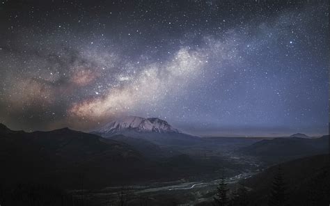 1400x875 Nature Landscape Starry Night Hut Milky Way Snowy Peak Grass