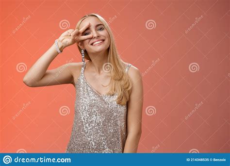 Optimistic Lucky Elegant European Blond Young 25s Wife In Silver Glittering Dress Having Fun