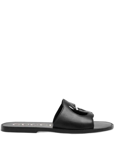 Gucci Interlocking G Cut Out Leather Sandals In Black Modesens