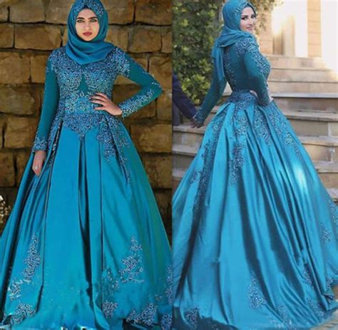 Ice Blue Color Long Sleeves Lace Satin Muslim Wedding Dresses With