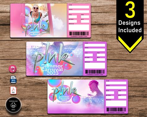 Printable Pink Concert Tickets. Summer Carnival Tour 2024 Ticket Stub