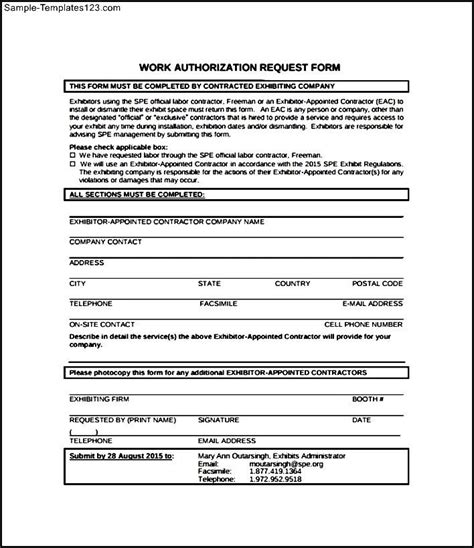 Work Authorization Form Template Printable Word Format Bank2home Com