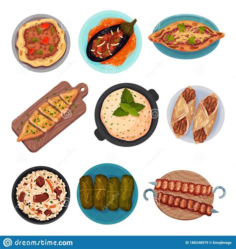 Turkish National Food With Turkish Pie Pide And Dolma Top View Vector