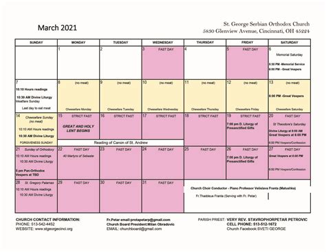 Schedule Of Church Services For March 2021 St George Serbian