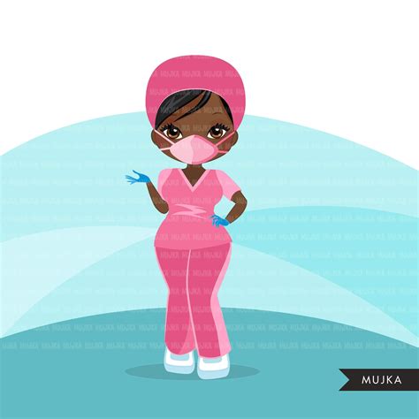 Nurse Clipart With Mask Pink Scrubs Hospital Graphics Print And Cut