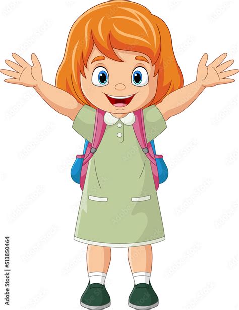 Cartoon Happy School Girl Waving Hand Stock Vector Adobe Stock