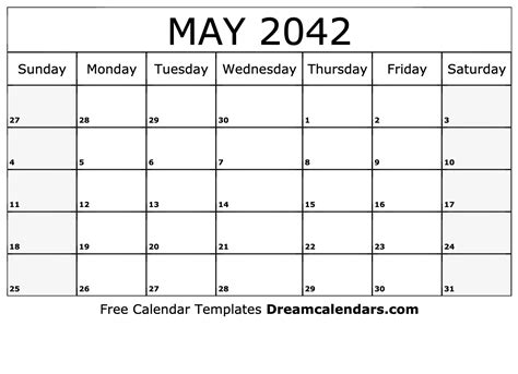 May 2042 Calendar Free Printable With Holidays And Observances