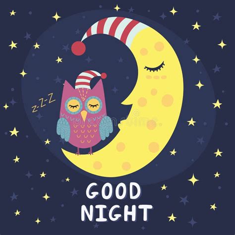 Good Night Card With Sleeping Moon And Cute Owl Stock Vector