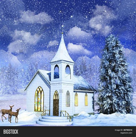 Snow Scene Winter Church Deer Image And Photo Bigstock
