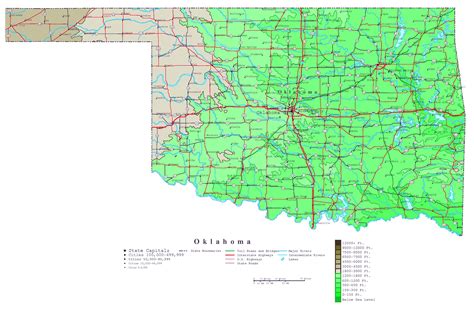 Large detailed elevation map of Oklahoma state with roads, highways and ...