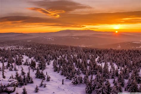 Sunset Behind Mountains Forest Snow Clouds Ultra Hd Desktop Background