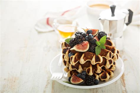 Fluffy Breakfast Waffles With Fresh Fruits Stock Photo Image Of