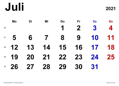 Kalender Juli 2021 Als Excel Vorlagen