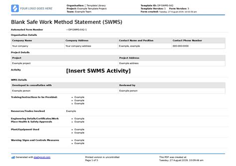 Generic Safe Work Method Statement Free And Customisable