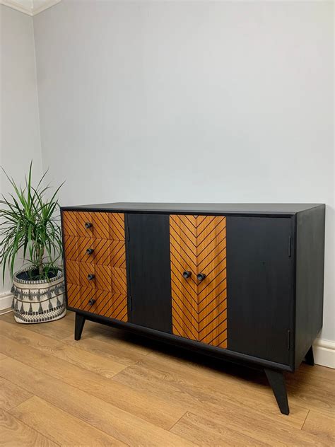 Mid Century Modern Sideboard Buffet Cabinet Painted Black And Natural