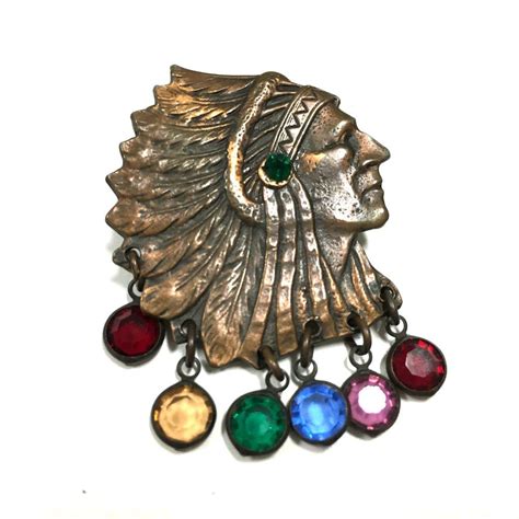 Splendid Vtg Native American Style Chief Copper Brooch Pin Crystals