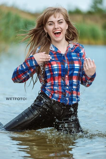 Wetlook By Pretty Girl In Fully Soaked Shirt And Black Jeans On Lake Wetlook One