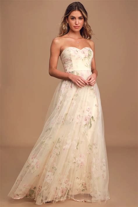 Refinement Beige Floral Print Ruched Strapless Maxi Dress Bridal