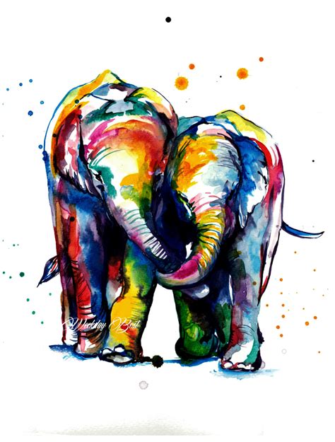 Colorful Elephants Holding Trunks Watercolor Painting Art