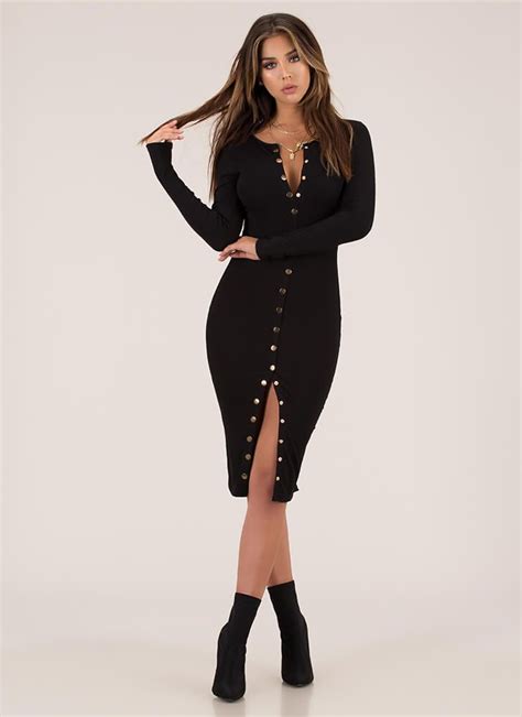 Snap Happy Button Front Midi Dress Black Midi Dress Dresses Knit