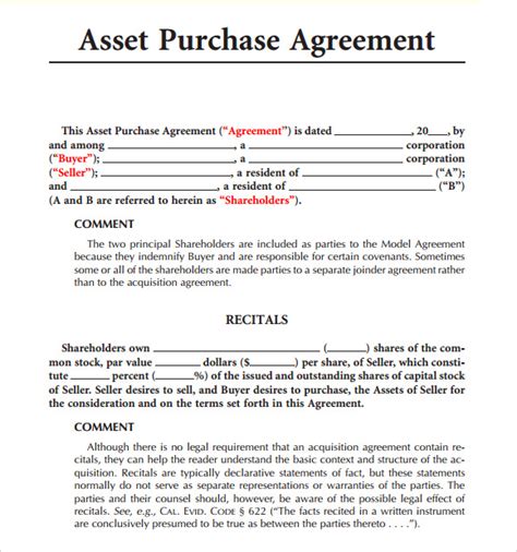 Free Business Asset Purchase Agreement Template Printable Templates