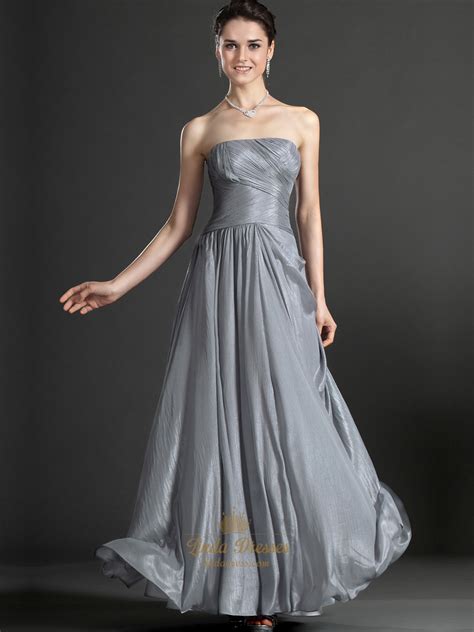 Gray Strapless Chiffon A Line Bridesmaid Dresses With Pleated Bodice