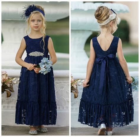 Navy Blue Lace Flower Girl Dress Bohemian Flower Girl Dresses Rustic