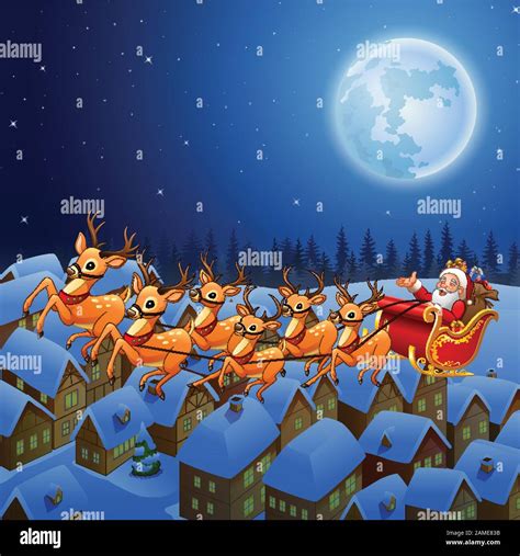Santa Claus Riding His Reindeer Sleigh Flying In The Sky Stock Vector