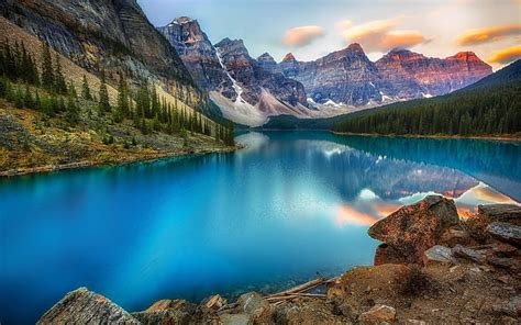 Mountains Summer Moraine Lake Forest Sunset Canada Hd Wallpaper