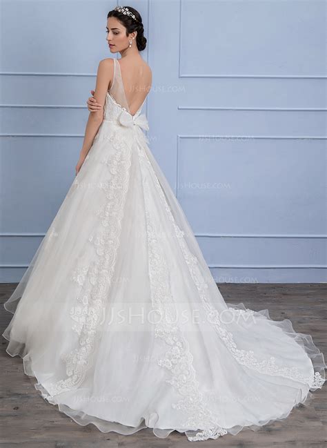 Ball Gown V Neck Sweep Train Organza Lace Wedding Dress With Bows