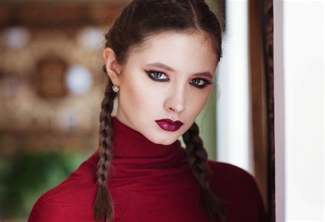 braid lipstick stare woman model brunette brown eyes girl face wallpaper