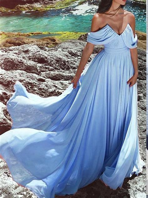 Cheap Blue Off Shoulders Flowy Chiffon Beach Wedding Dress Vestido De Dolly Gown