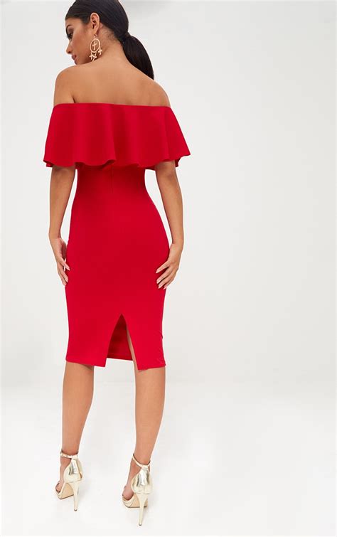 Red Bardot Frill Midi Dress Dresses Prettylittlething