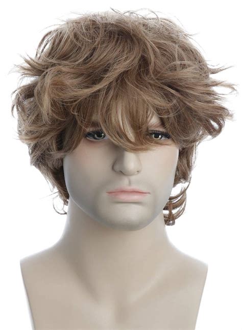 Karlery Male Mens Short Curly Fluffy Brown Wig With Bang