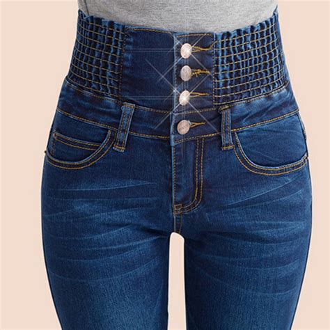 Spring High Waist Jeans Womens Pencil Pants Elastic Waist Single