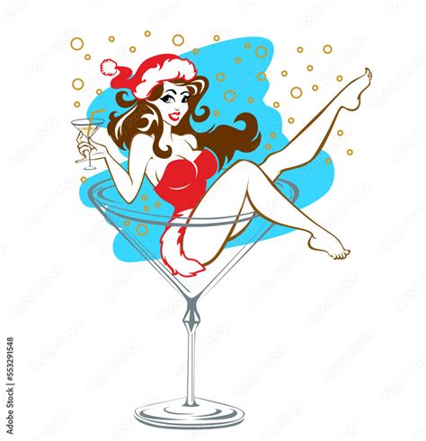 Beautiful Santa Girl Sits In A Tall Cocktail Glass Surrounded By Champagne Bubbles And Holds A
