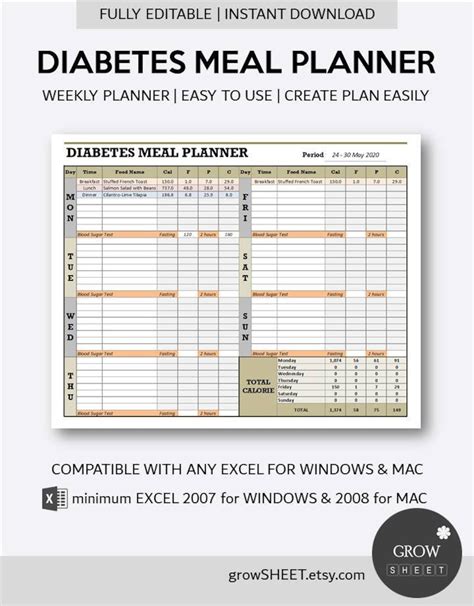 Diabetes Meal Planner Excel Template Fully Editable Weekly Menu Planner