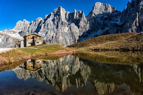 Mountains Mountain Alps Cabin Dolomites Italy Lake Reflection
